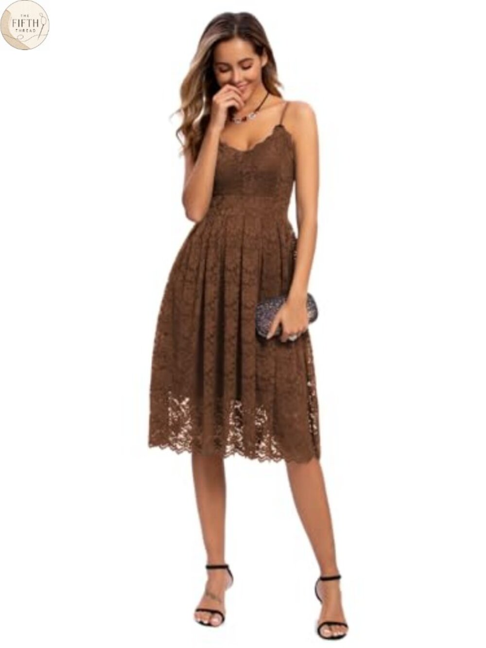 Atnlewhi Spaghetti Strap V Neck Sleeveless A Line Lace Midi Dress Evening